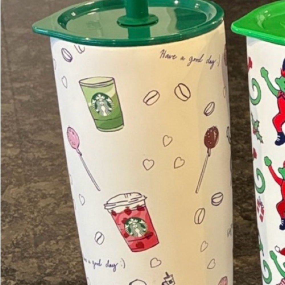 Starbucks White Tumbler with Green Lid and Fun Graphics